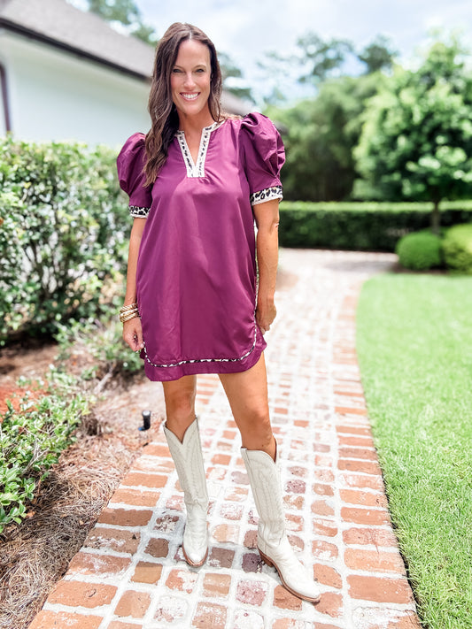 Hampton Leopard Trimmed Dress- Garnet