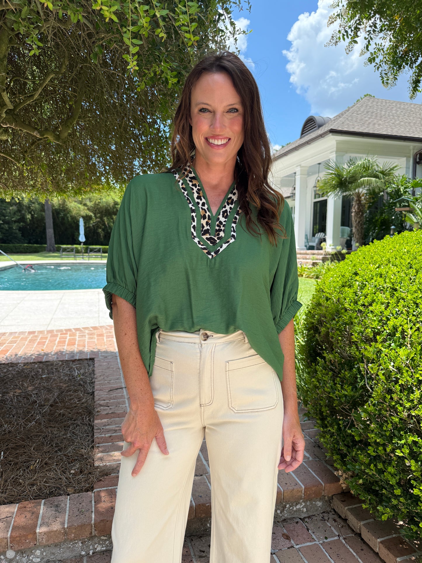 Jungle Safari Fern Leopard Print Dolman Top