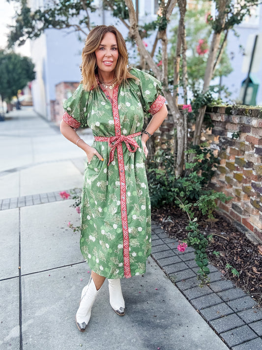 Bordeaux Floral Midi Dress- Olive