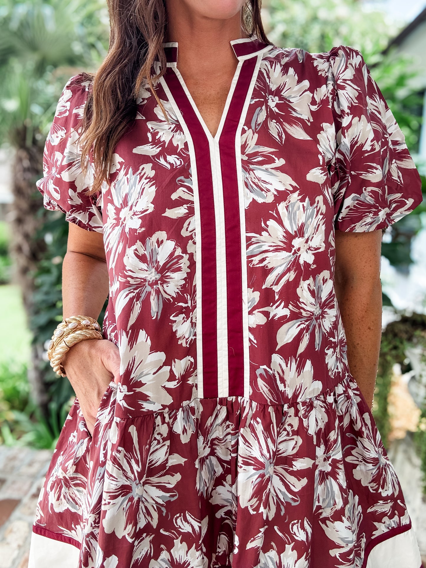 Dutton Garnet Floral Print Bubble Sleeve Dress