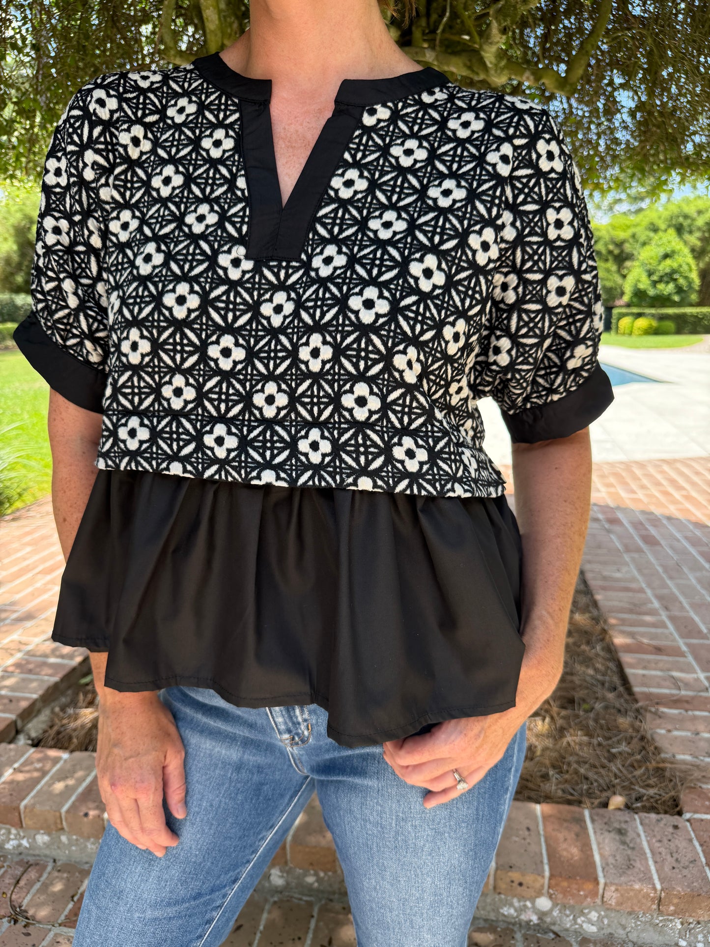 Kylee Jacquard Floral Top-Black