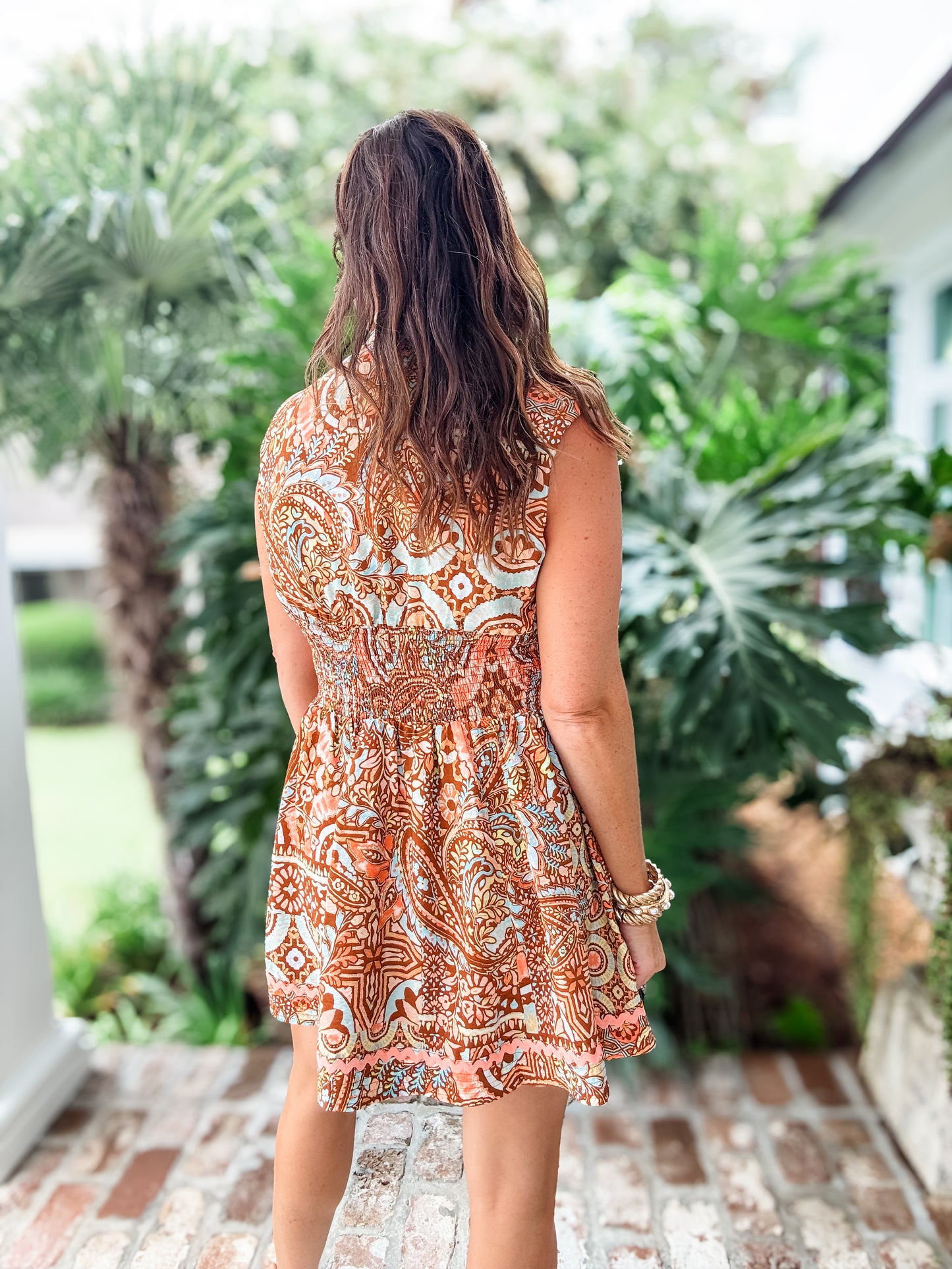 Maizey Rust Paisely Front Zip Dress