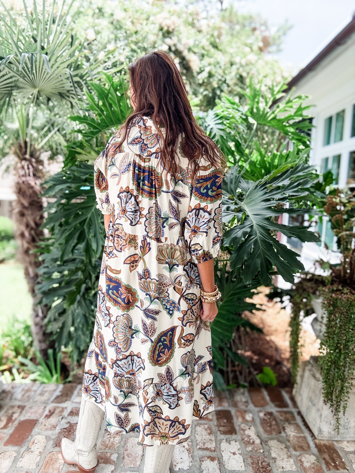 Bree Boho Print Midi Dress- Cream