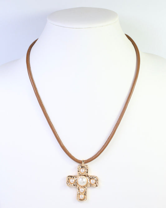 Boone Pearl Cross Cord Necklace Gold