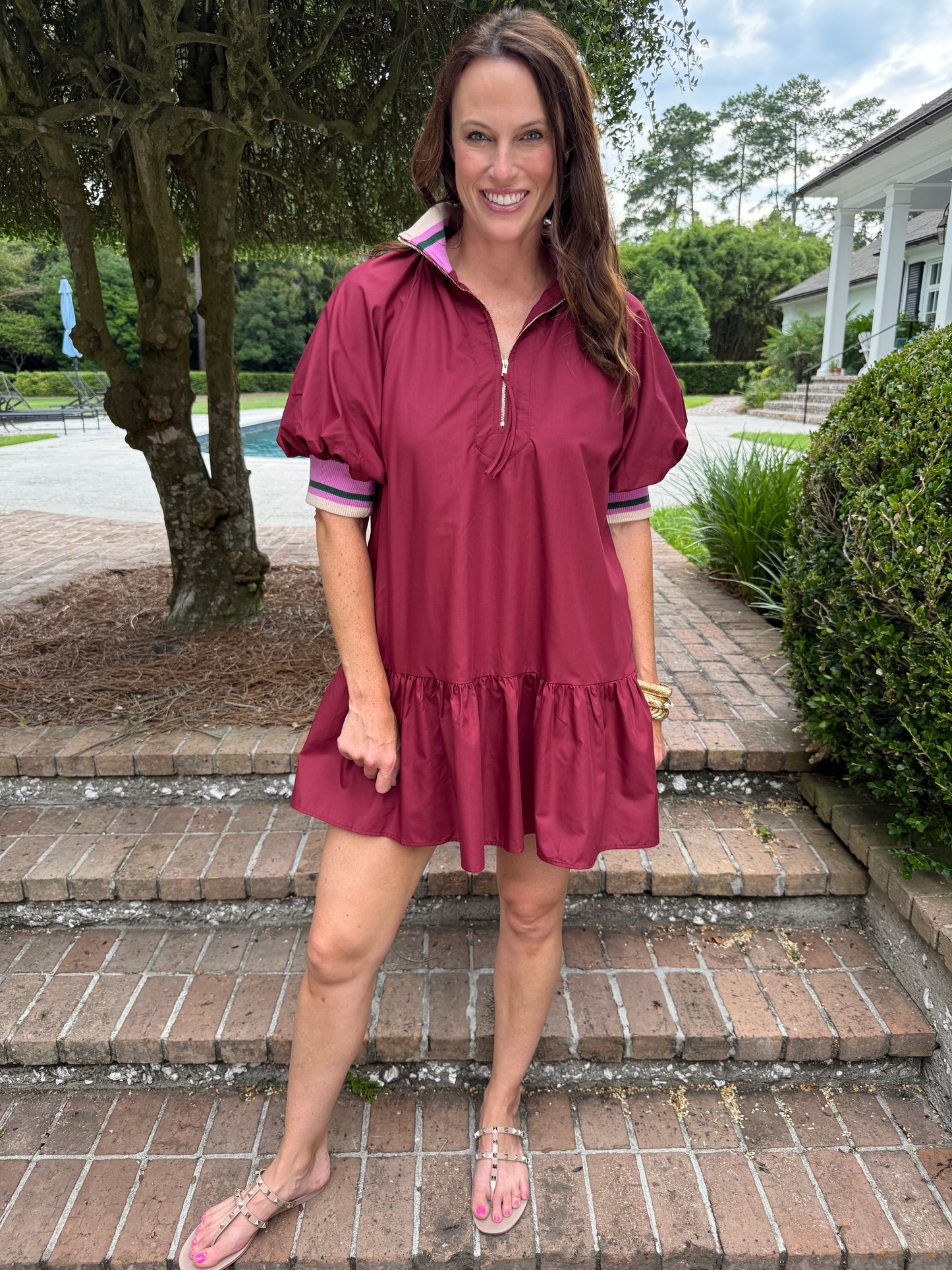 Elinor Puff Sleeve Dress- Garnet
