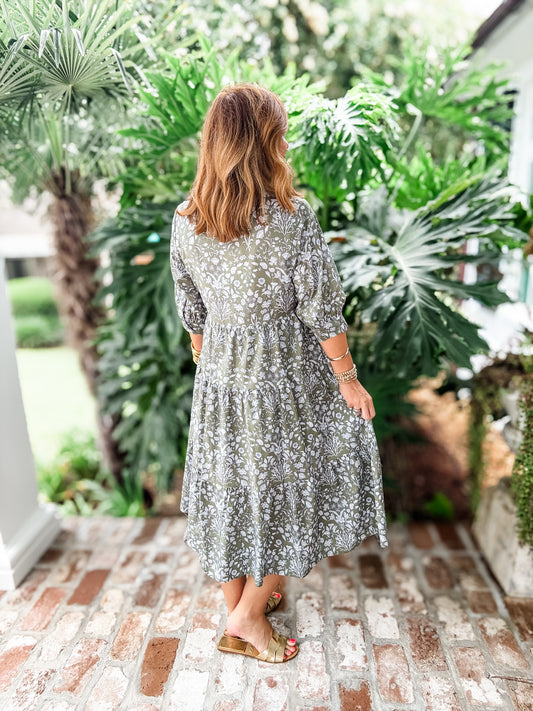 Poppell Olive Tiered Midi Dress