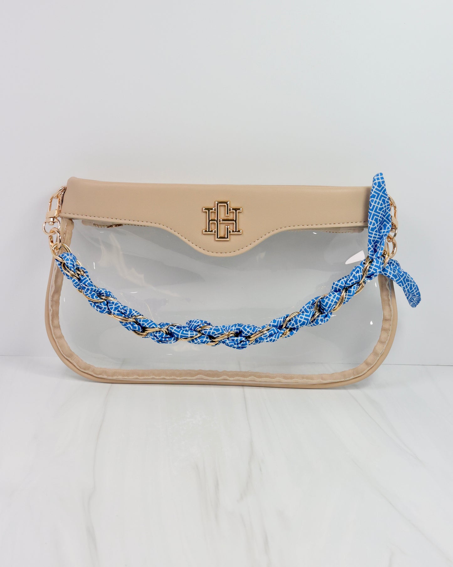 Serafina Scarf Purse Chain Blue White Geometric
