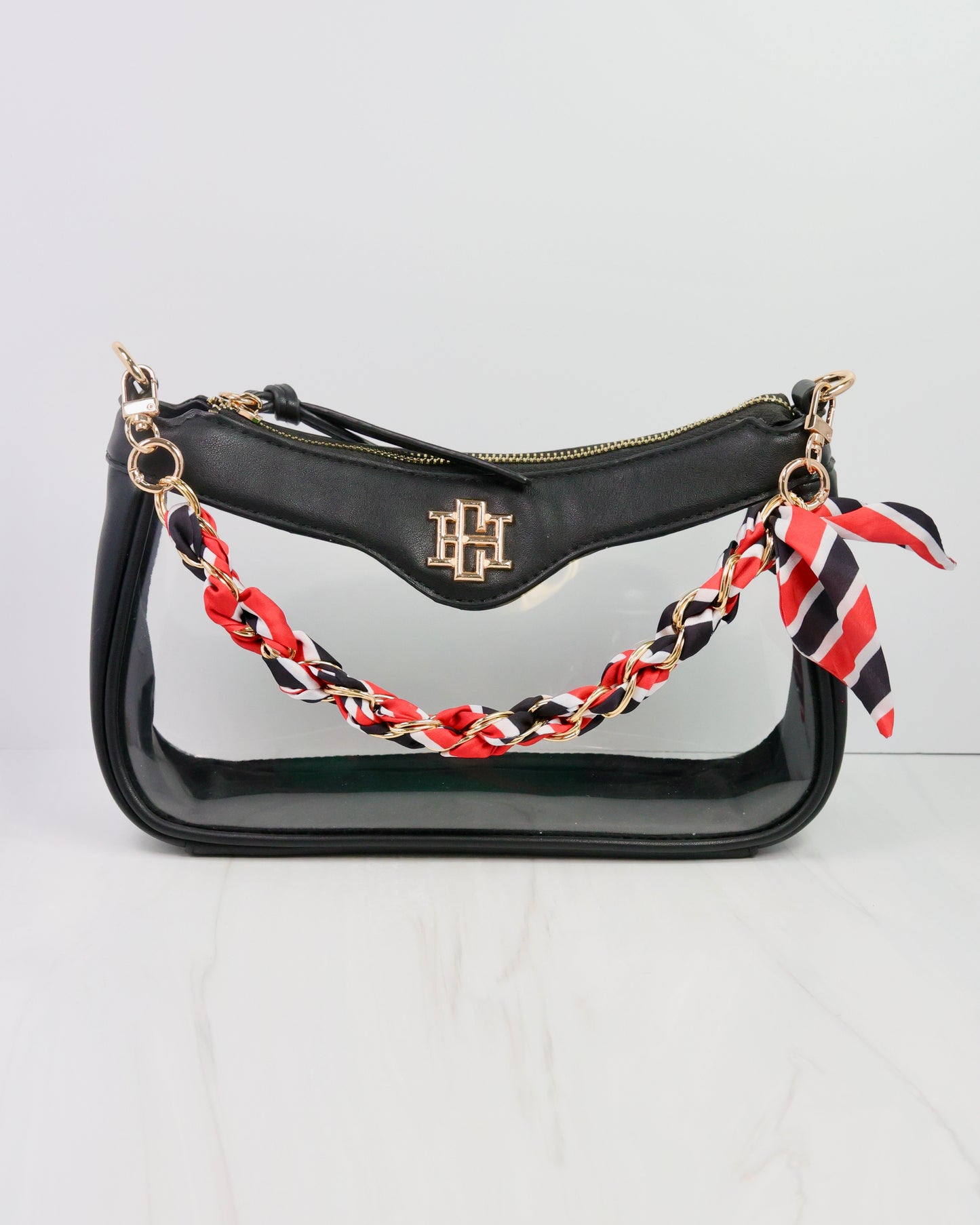 Serafina Scarf Purse Chain Bk Rd Stripe