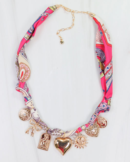 Kat Multi Charm Scarf Necklace Fuchsia