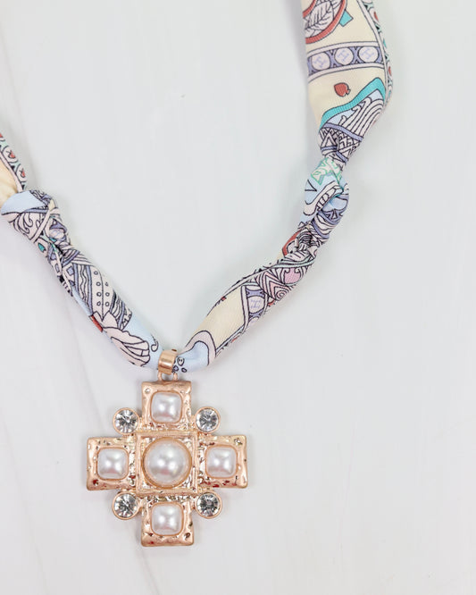 Trina Scarf Necklace with Cross Charm Ivory