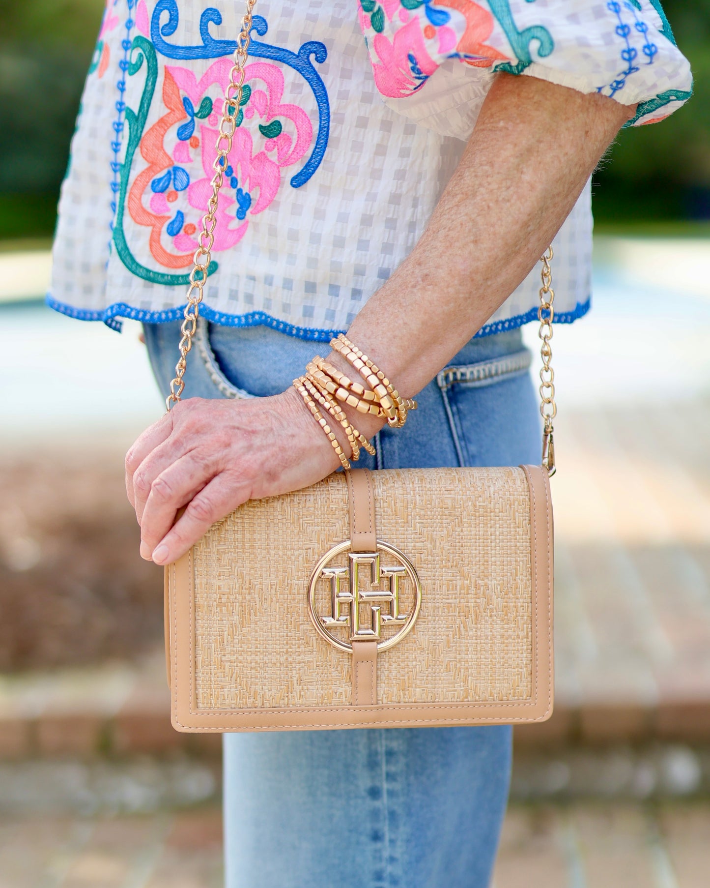 Cecilia Circle Logo Handbag Natural Lattice