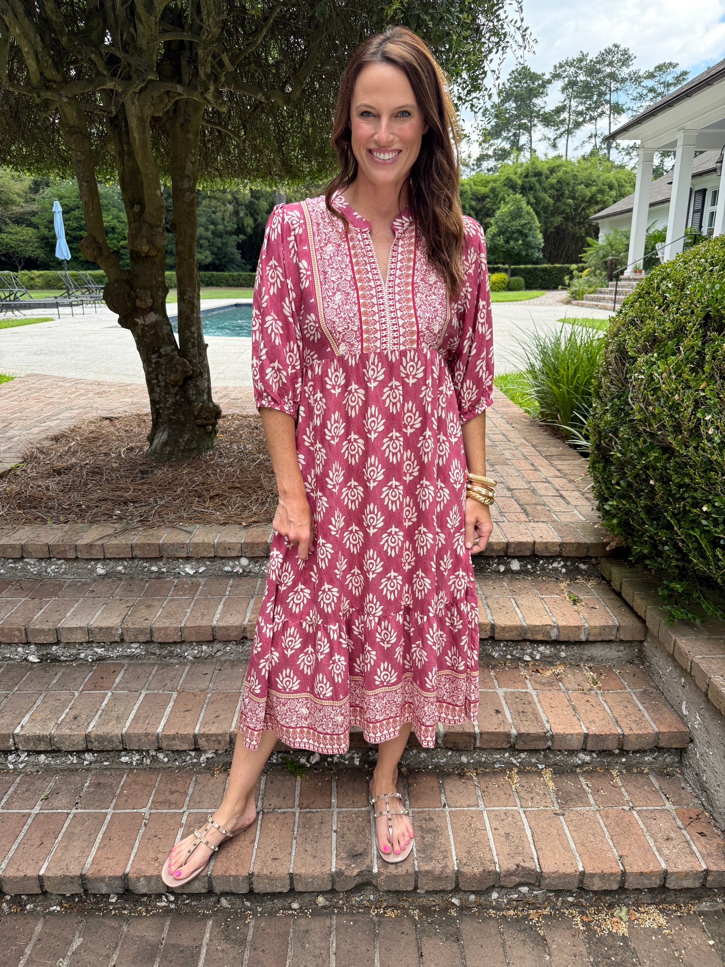 Penny Printed Midi Dress- Pink