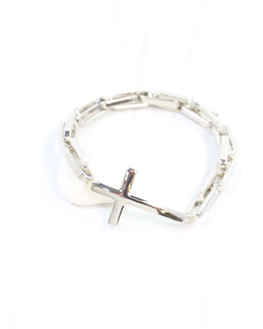 Amelia Link and Large Cross Stretch Bracelet Silver