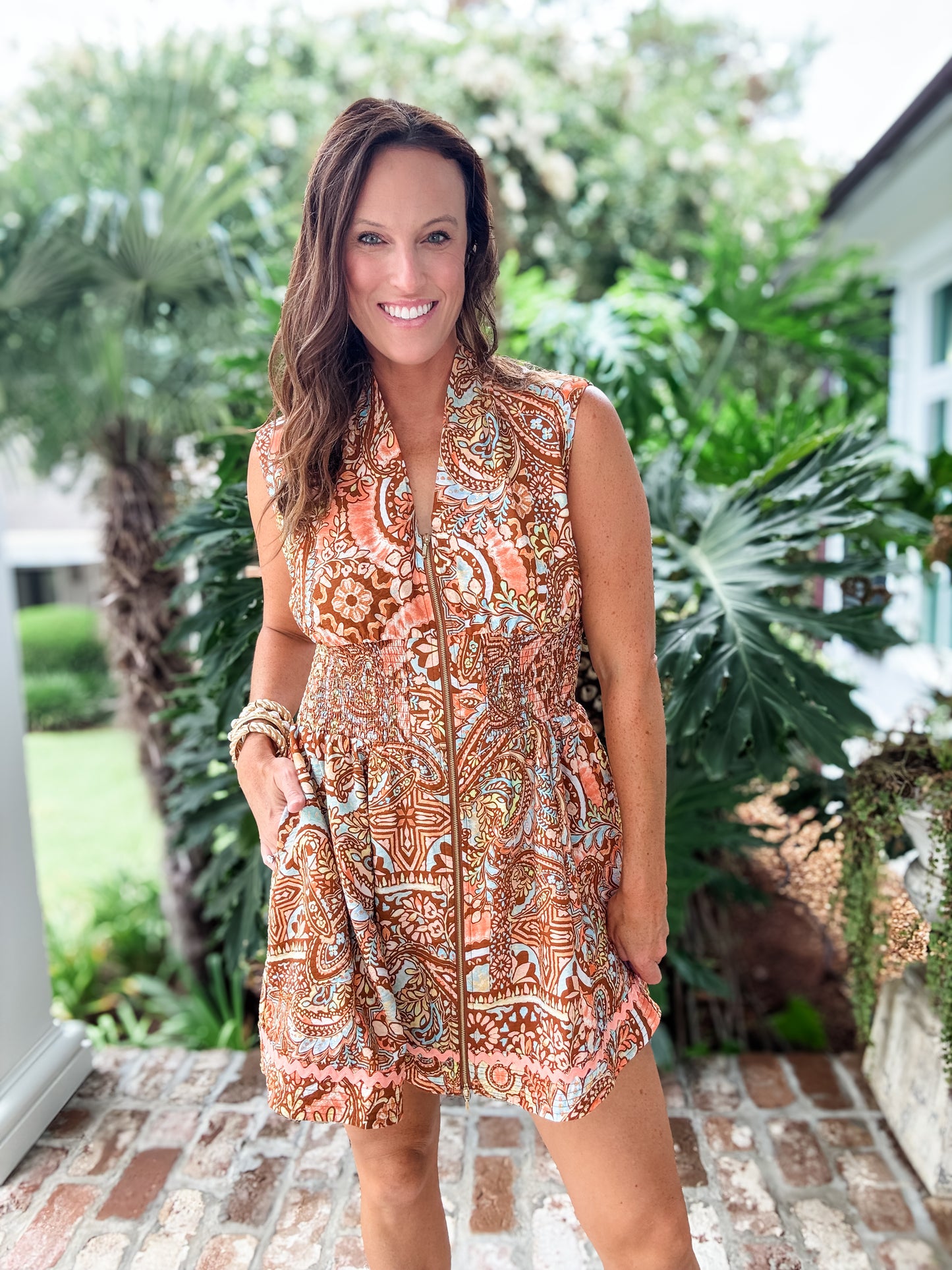 Maizey Rust Paisely Front Zip Dress