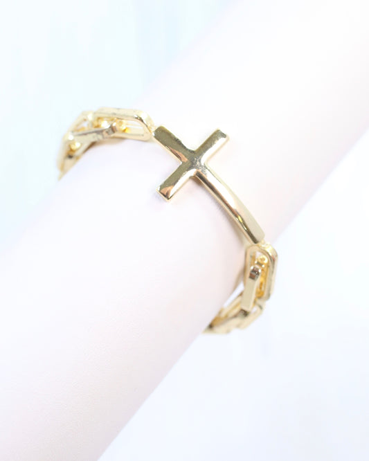 Amelia Link and Large Cross Stretch Bracelet Gold