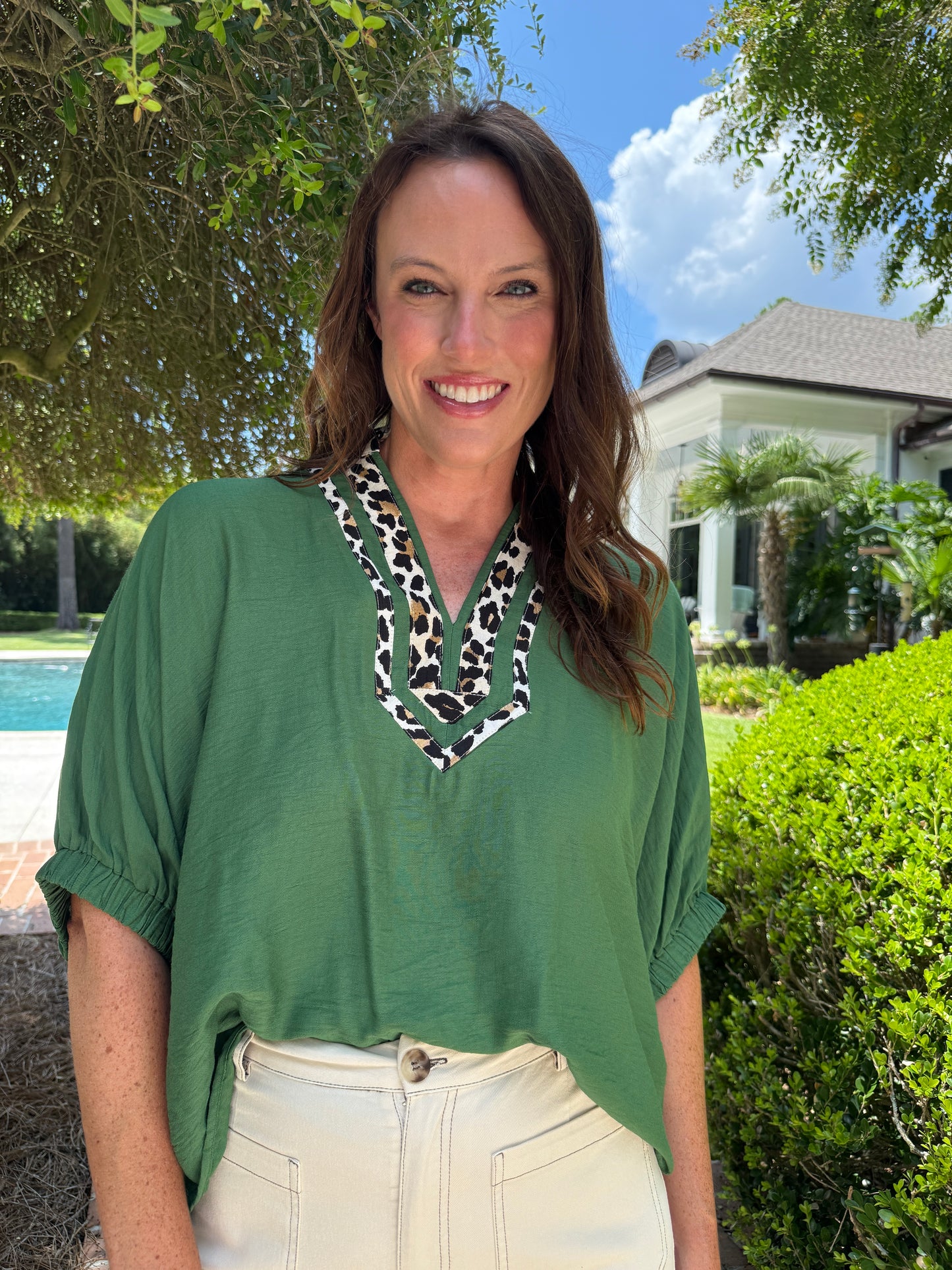 Jungle Safari Fern Leopard Print Dolman Top