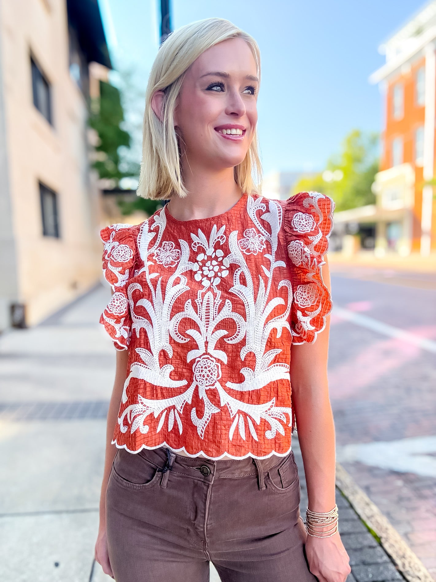 Evelyn Embroidered Top Rust