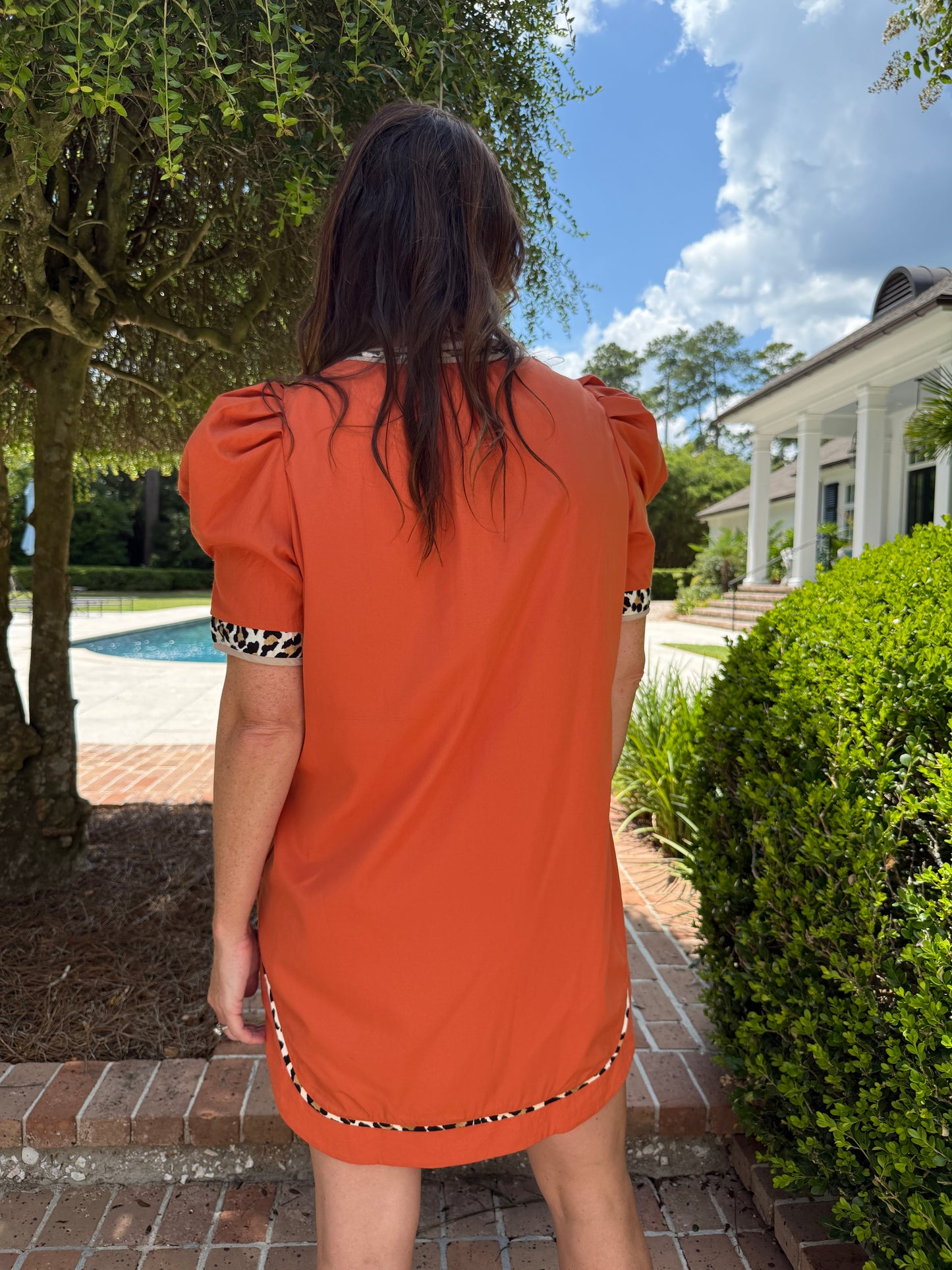 Hampton Leopard Trimmed Dress- Rust
