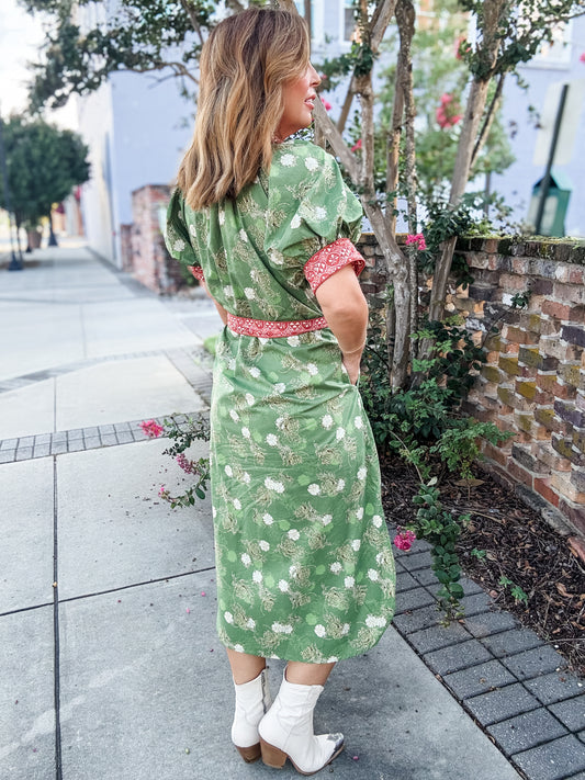 Bordeaux Floral Midi Dress- Olive