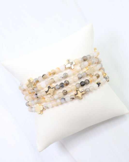 Flint Beaded Cross Stretch Bracelet Set Natural