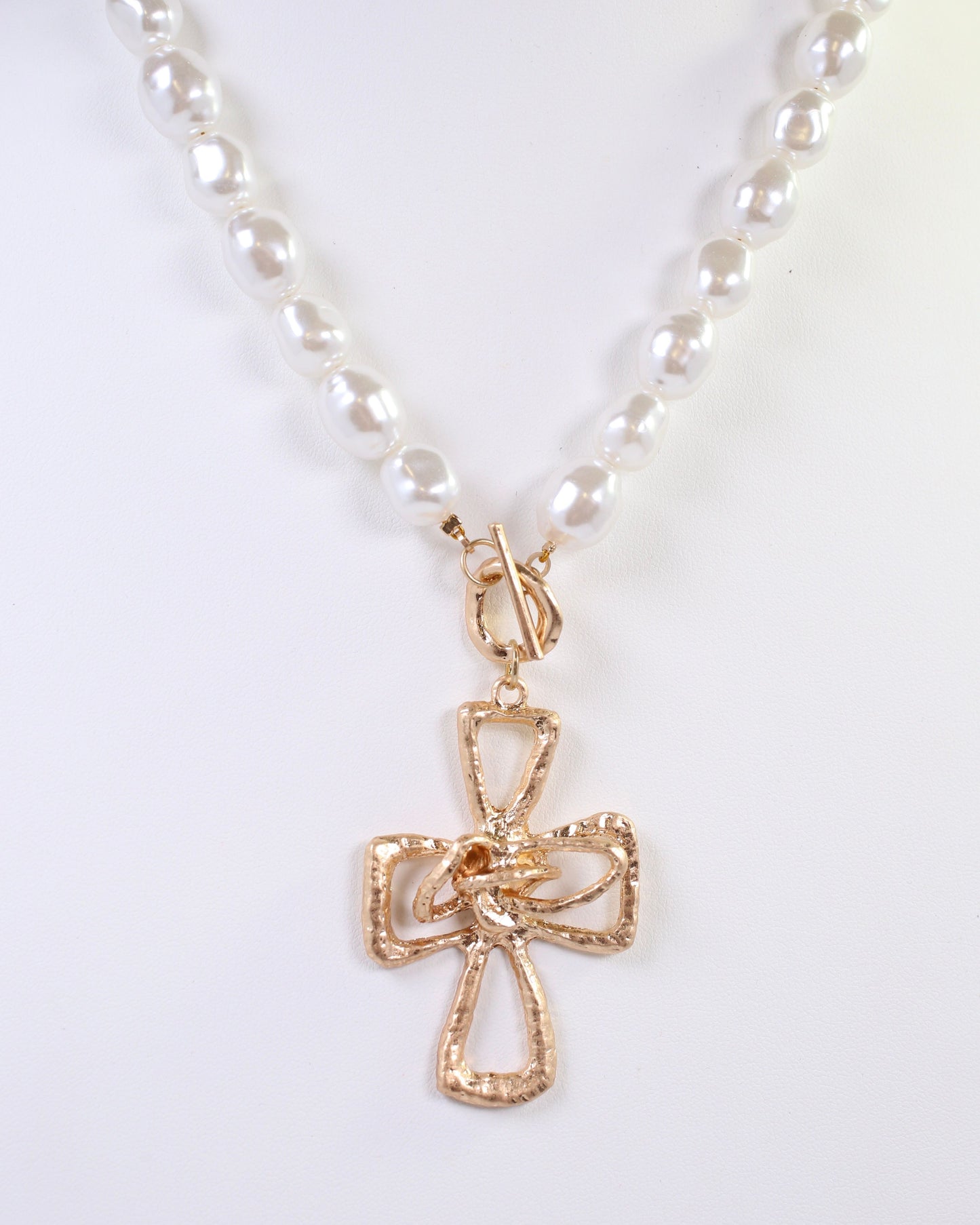 Brylee Pearl Beaded Cross Pendant Necklace Worn Gold