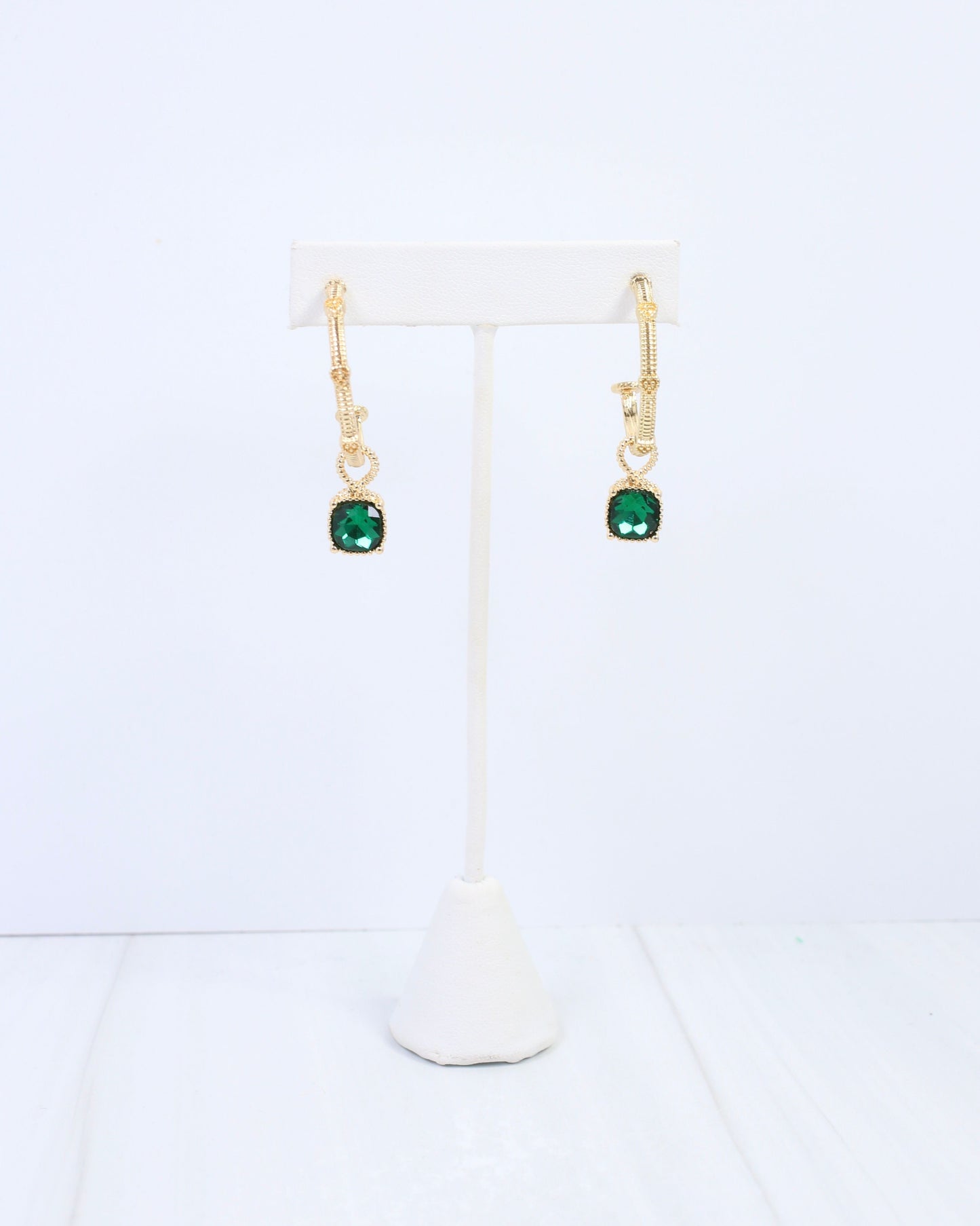 Anika Textured Large Hoop With Dangle Emerald