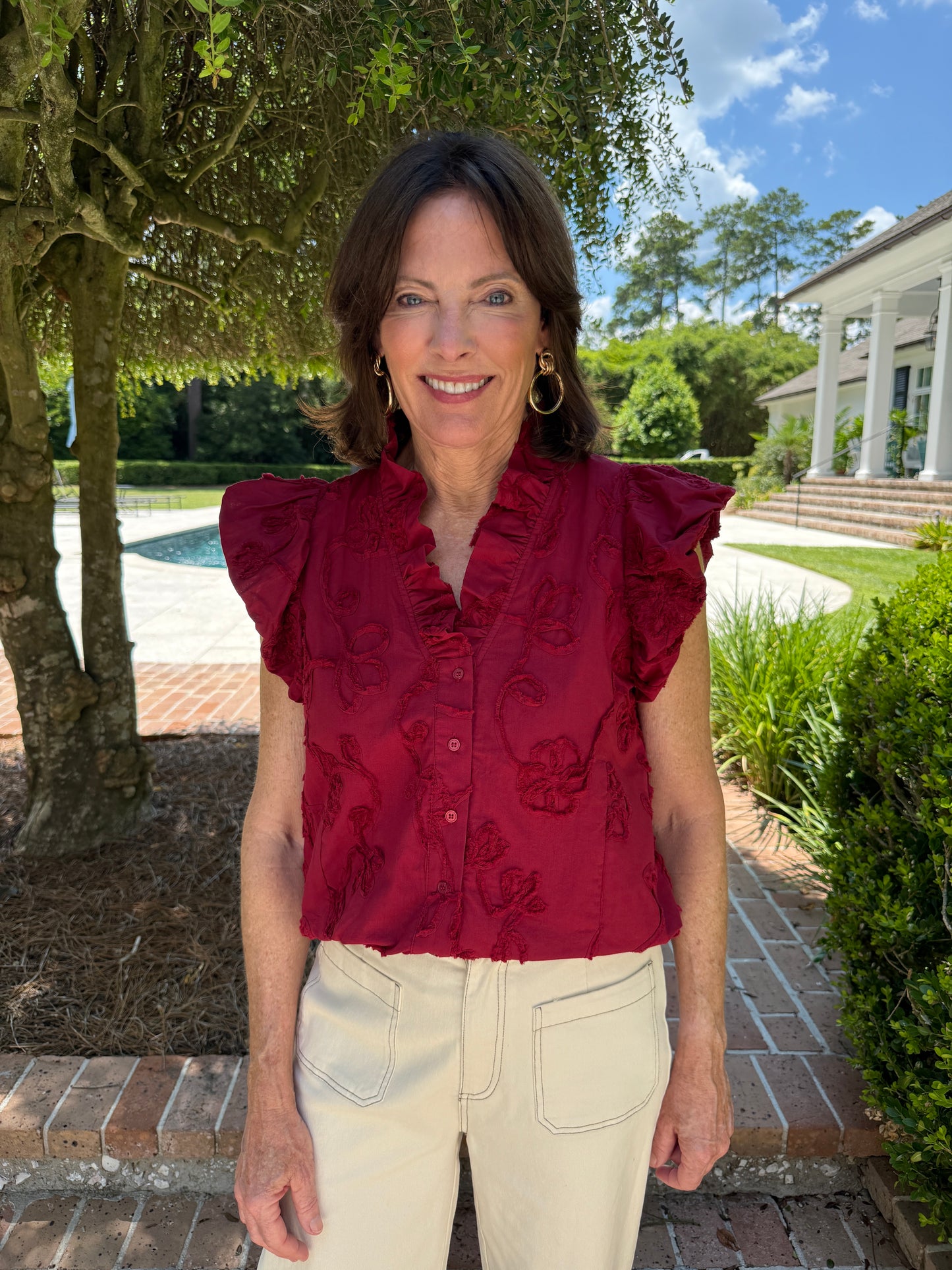 Meeting Ready Garnet Floral Applique Top