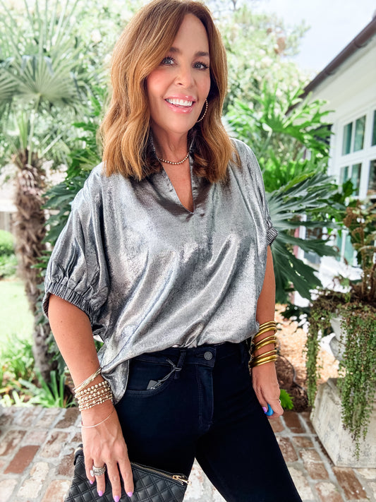 Tena Metallic V-Neck - Silver