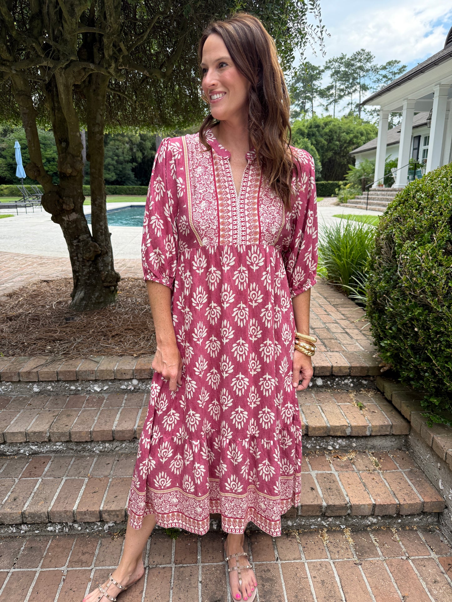 Penny Printed Midi Dress- Pink