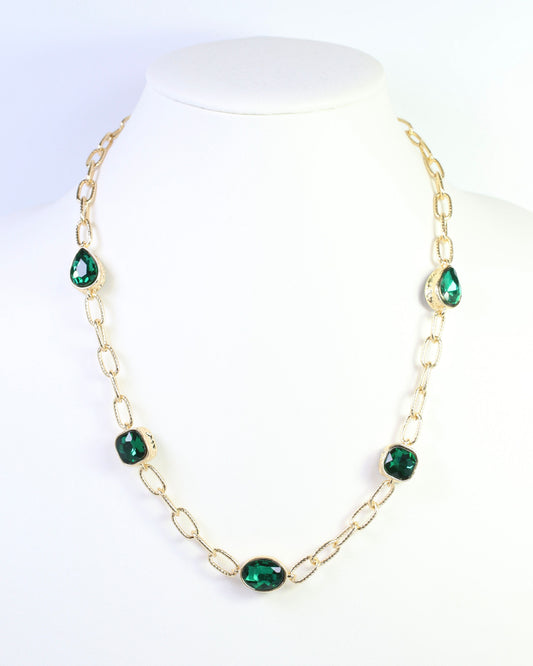 Elena Hammered Crystal Link Necklace Emerald