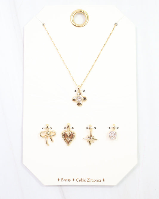 Flower, Bow and Heart Charm Necklace Set Gold
