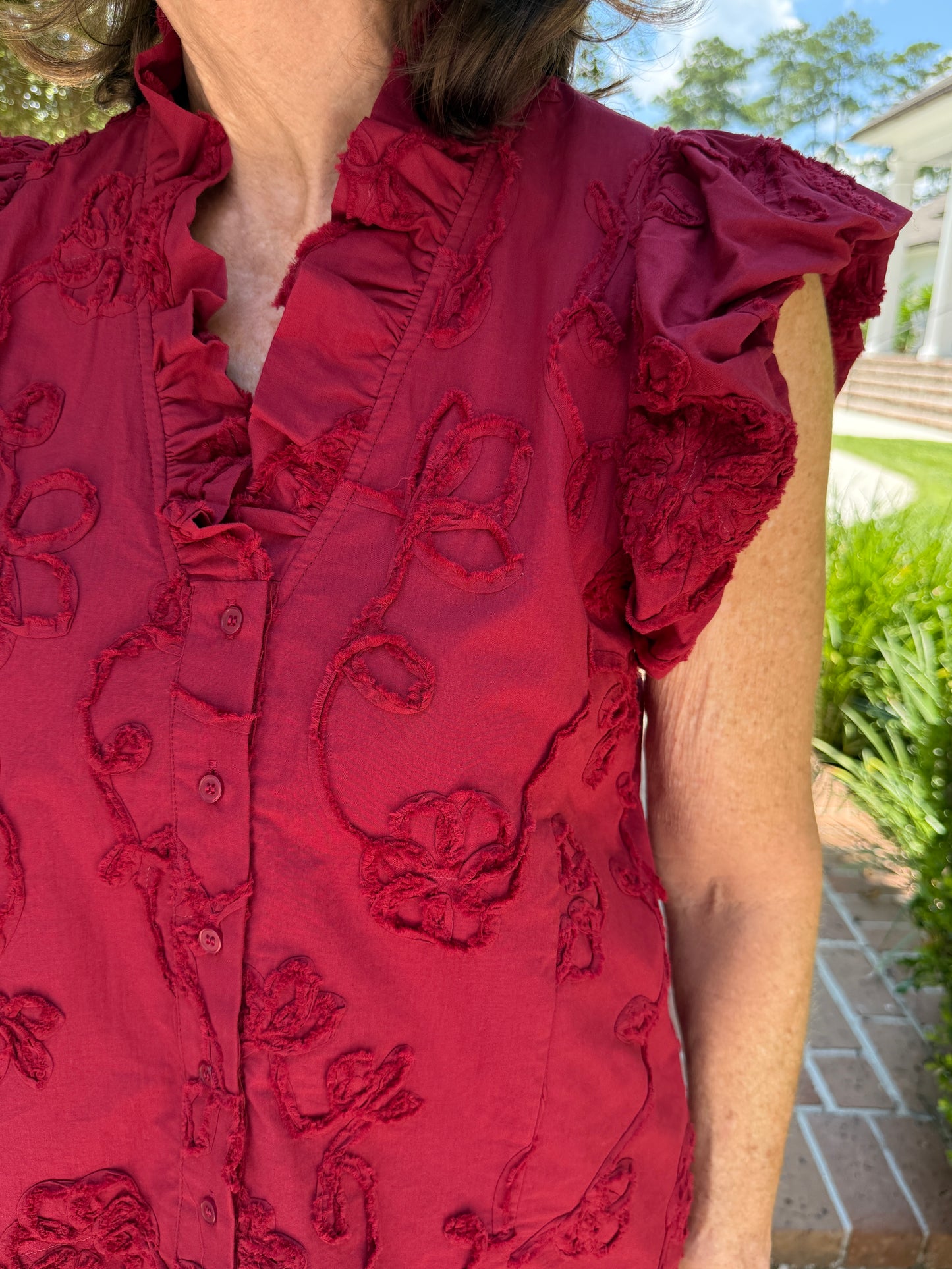 Meeting Ready Garnet Floral Applique Top