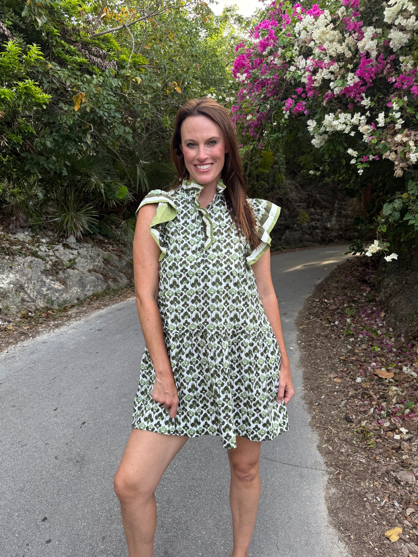 Brantley Printed Ruffled Sleeve Dress- Olive