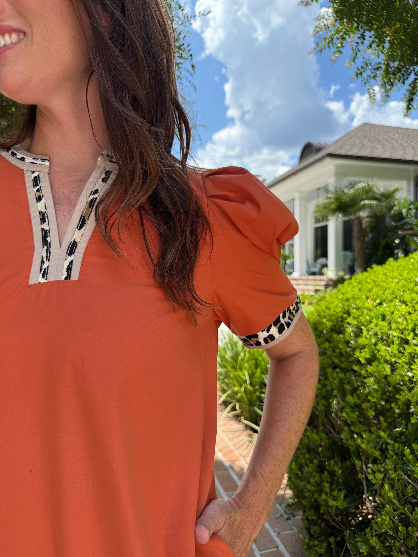 Hampton Leopard Trimmed Dress- Rust