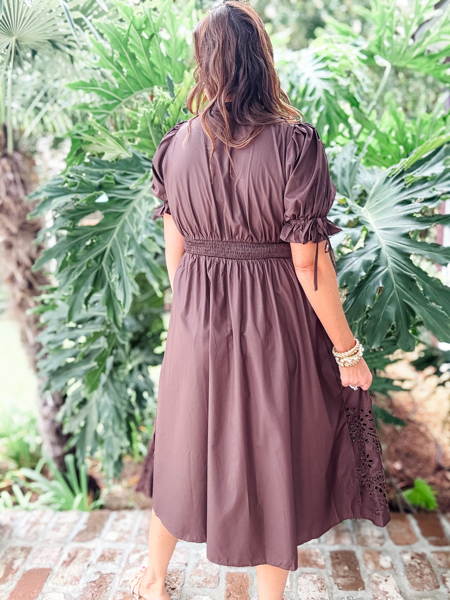 Stewart Puff Sleeve Midi Dress-Brown
