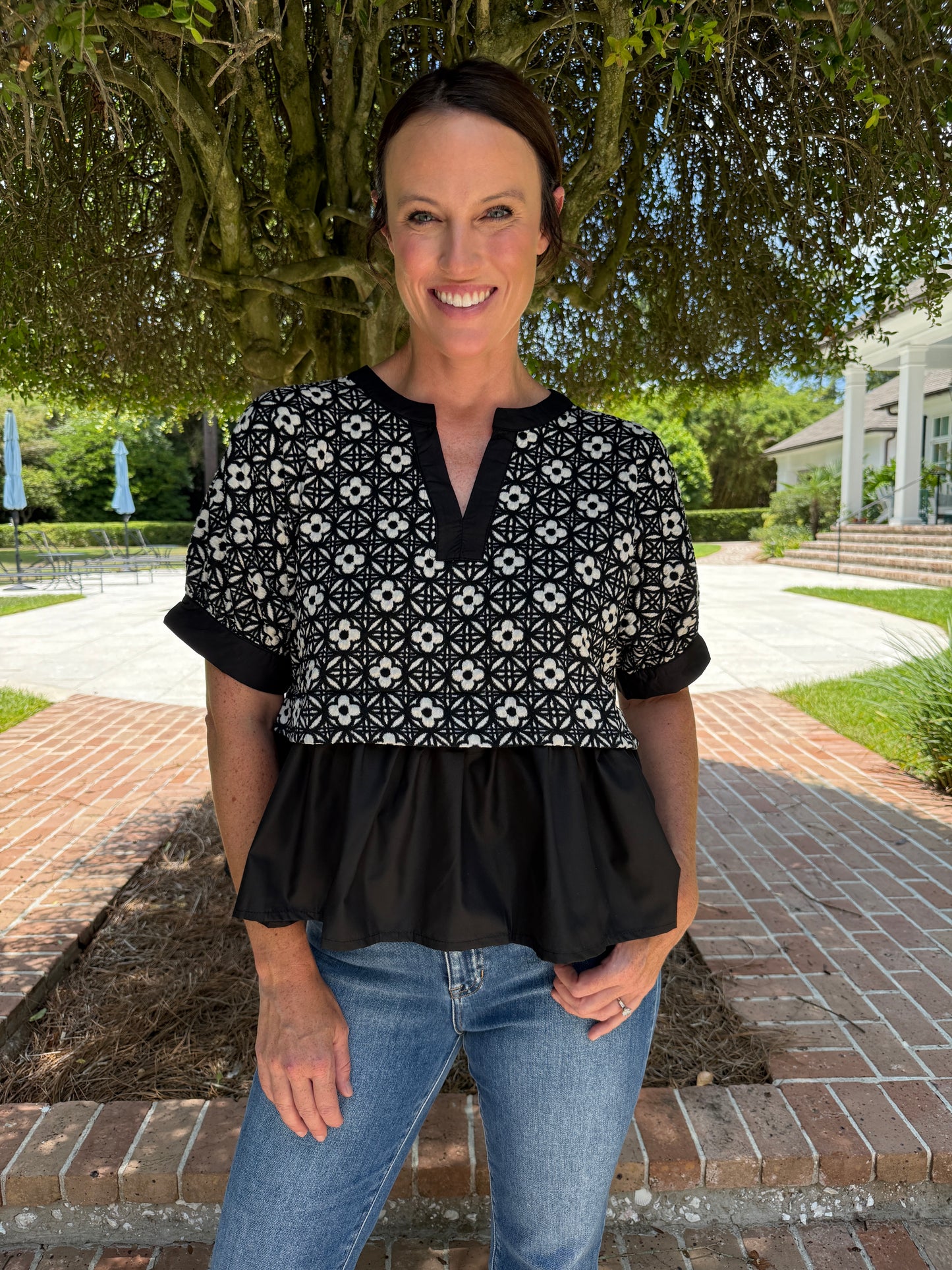 Kylee Jacquard Floral Top-Black