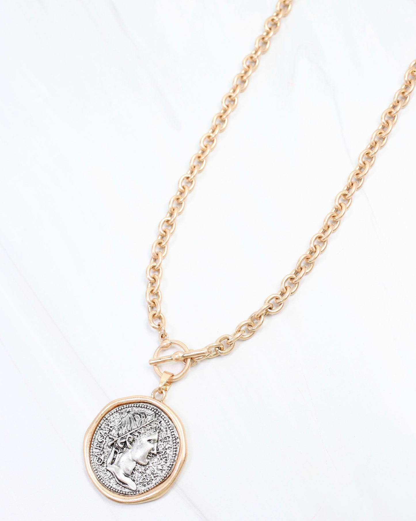 Towson Coin Link Necklace Worn Gold