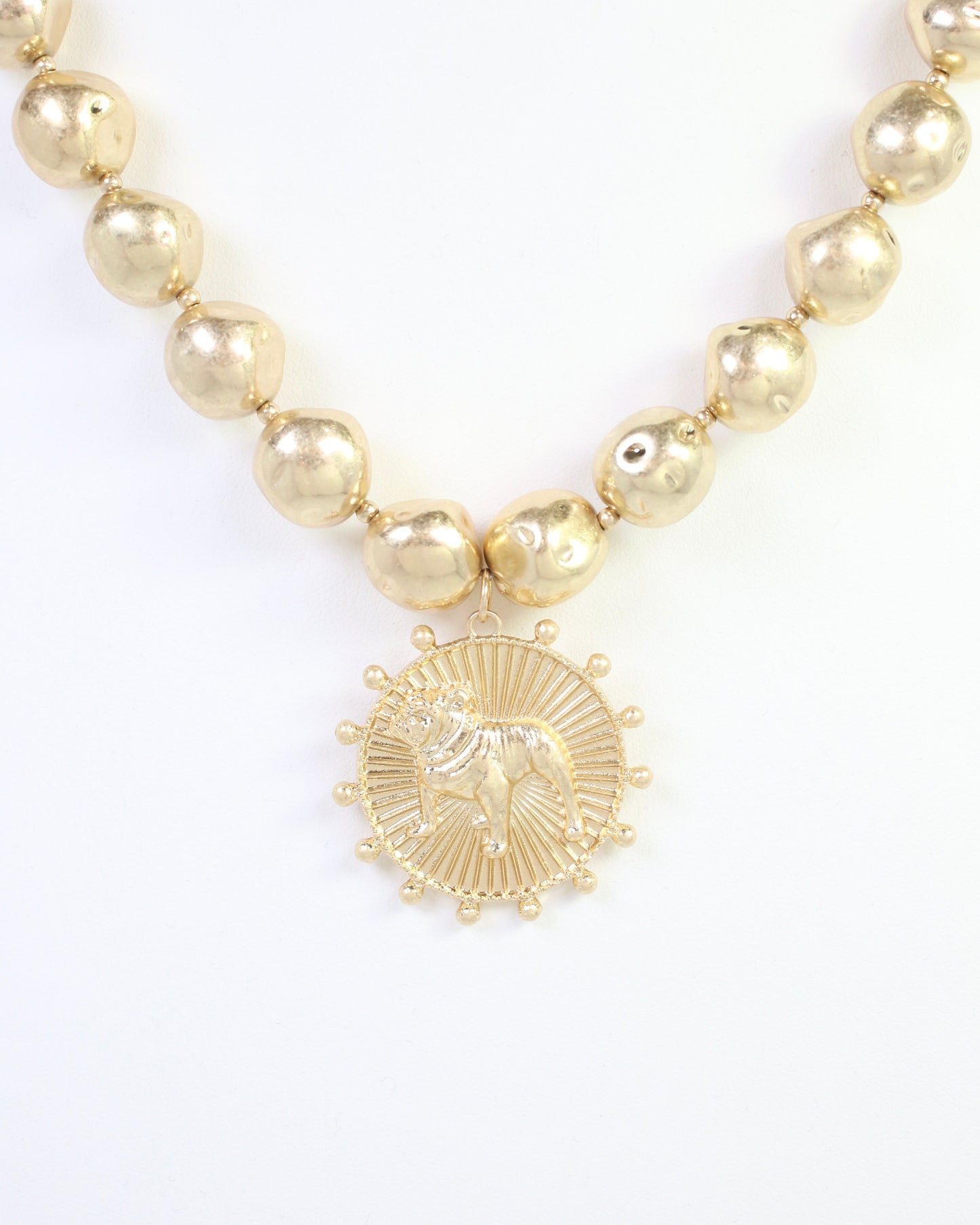Carmen Beaded Coin Necklace-Standing Bulldog Worn Gold