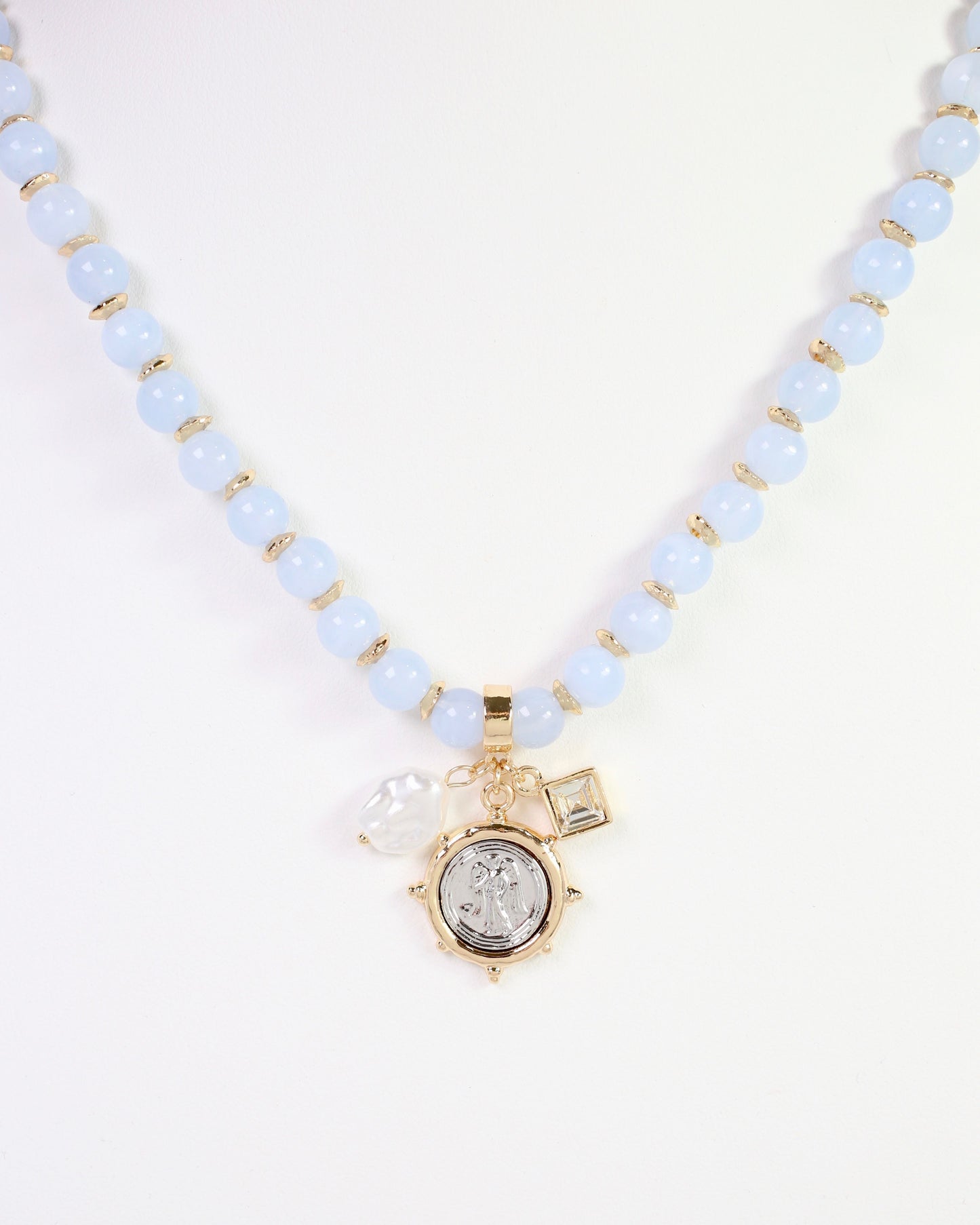 Trento Beaded Coin Charm Necklace Light Blue