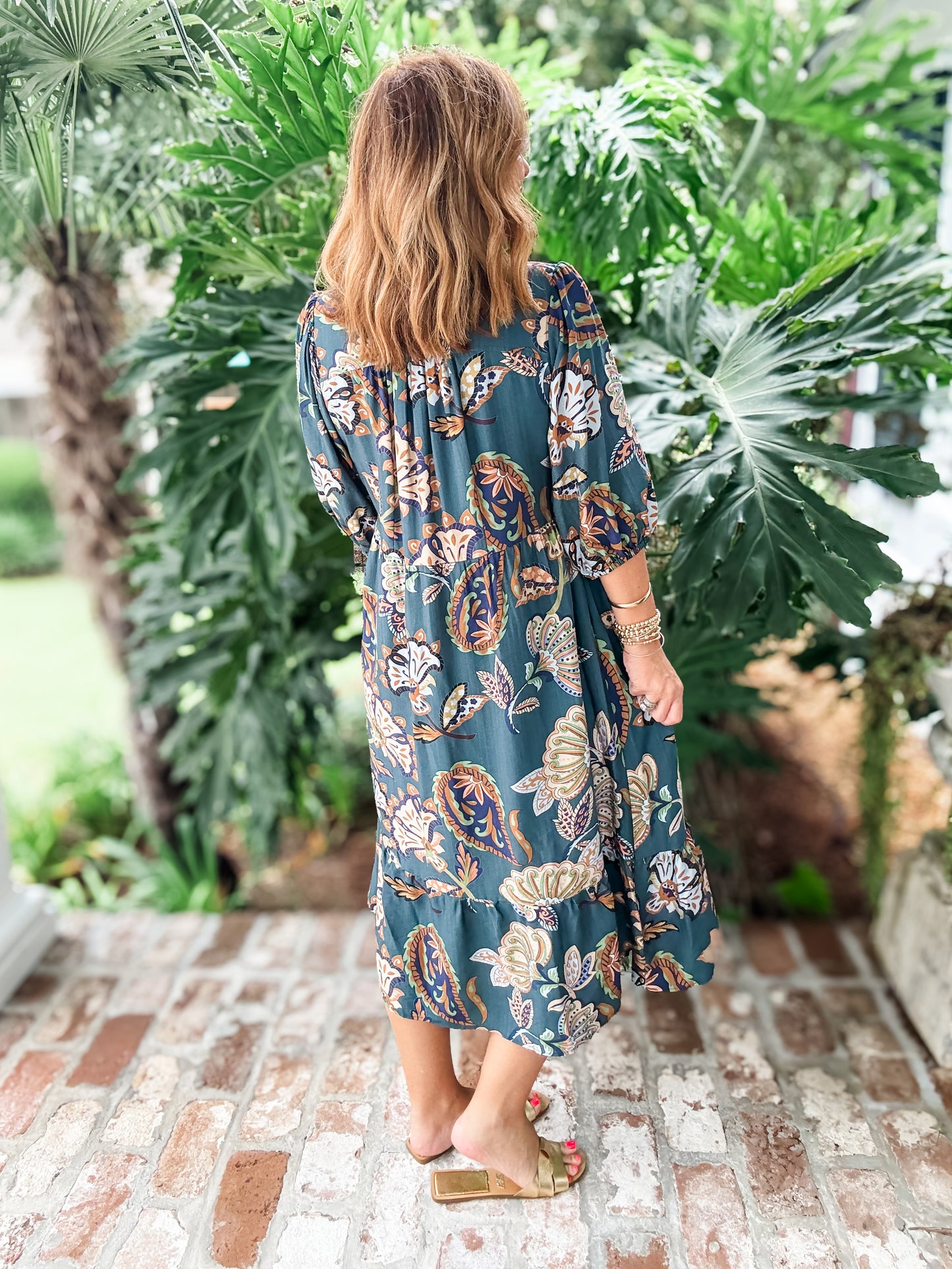 Bree Boho Print Midi Dress- Teal