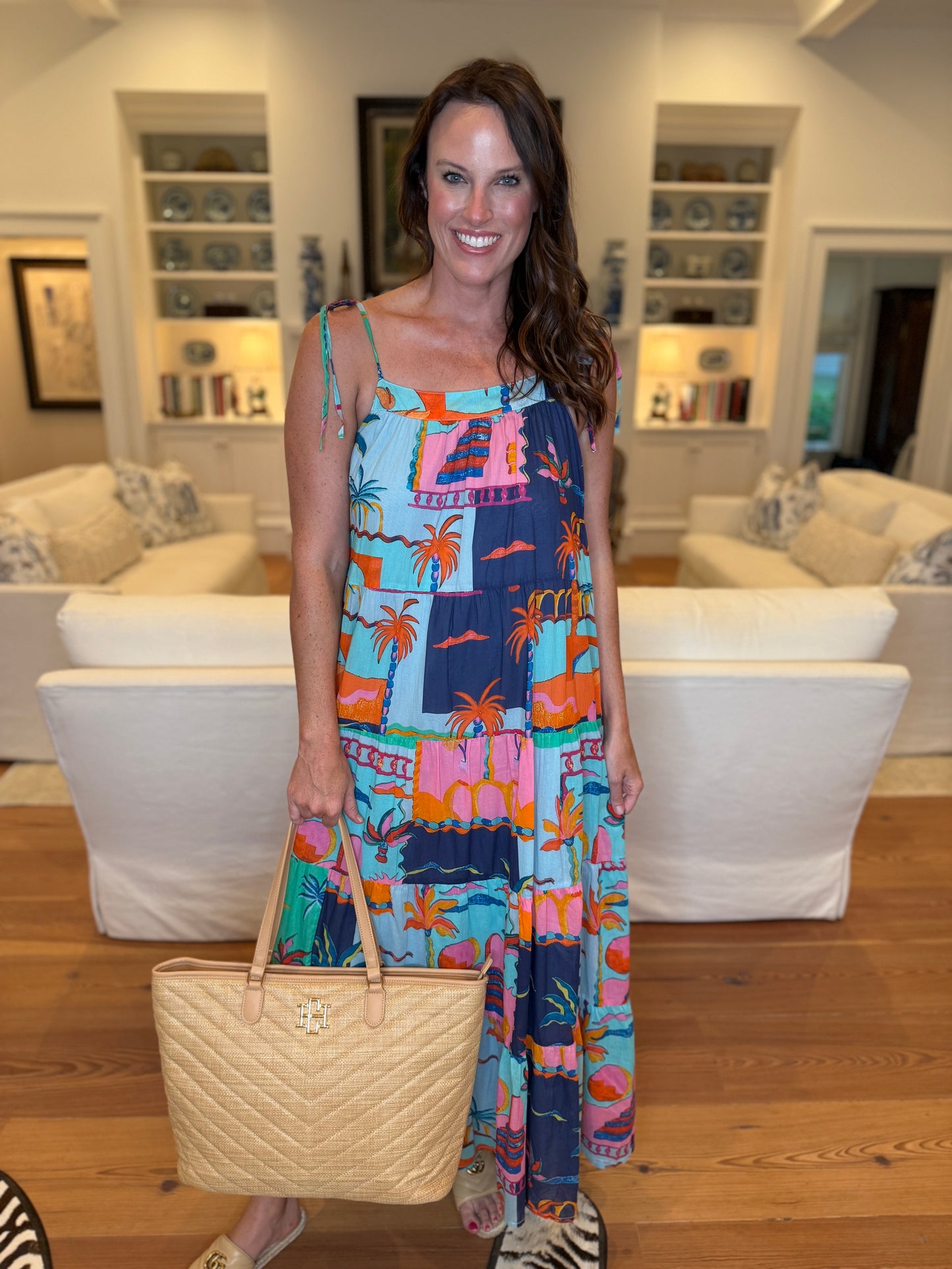 Palm Tree Breeze Blue Printed Maxi Dress