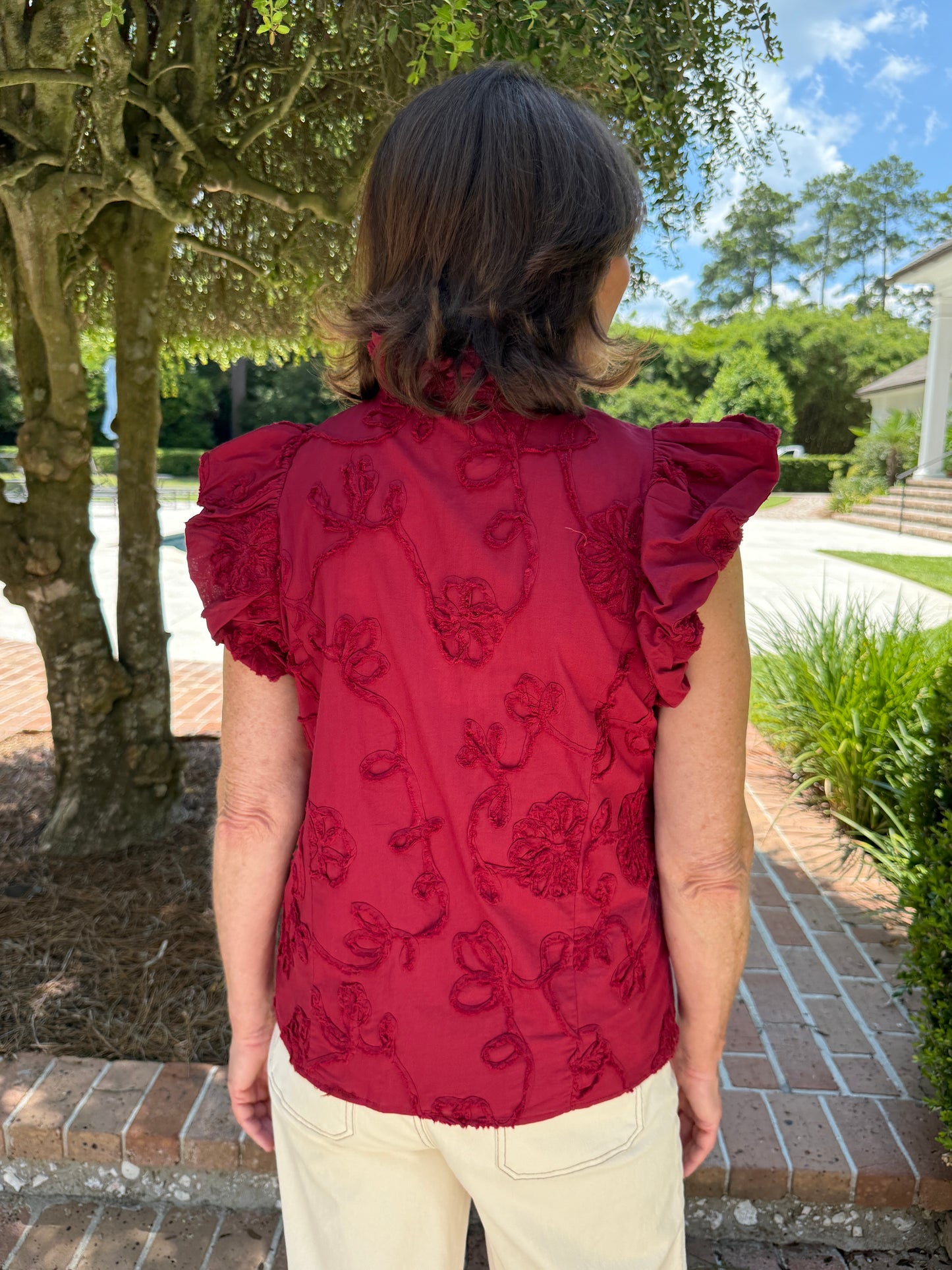 Meeting Ready Garnet Floral Applique Top
