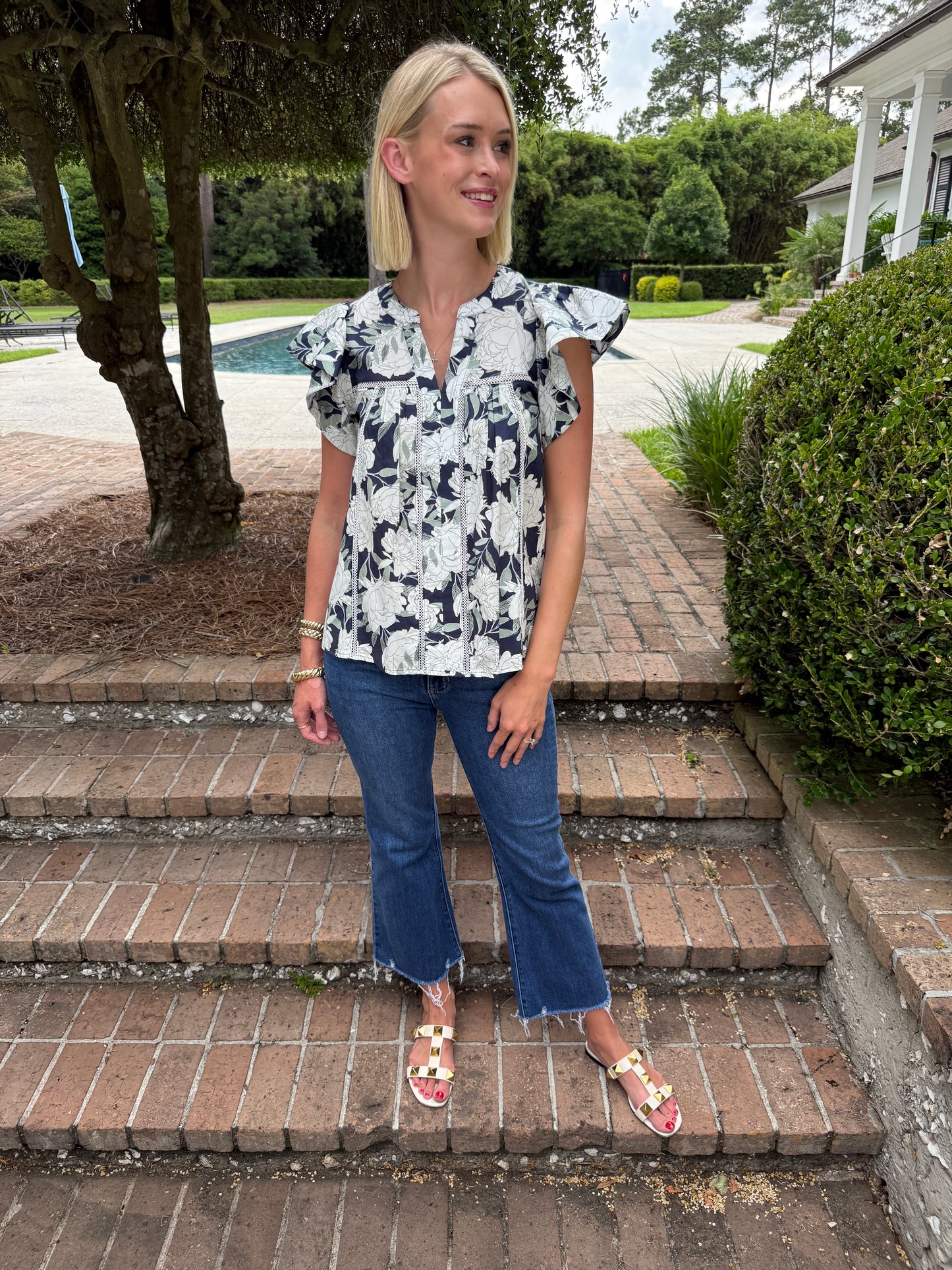 Gretchen Floral Top- Navy