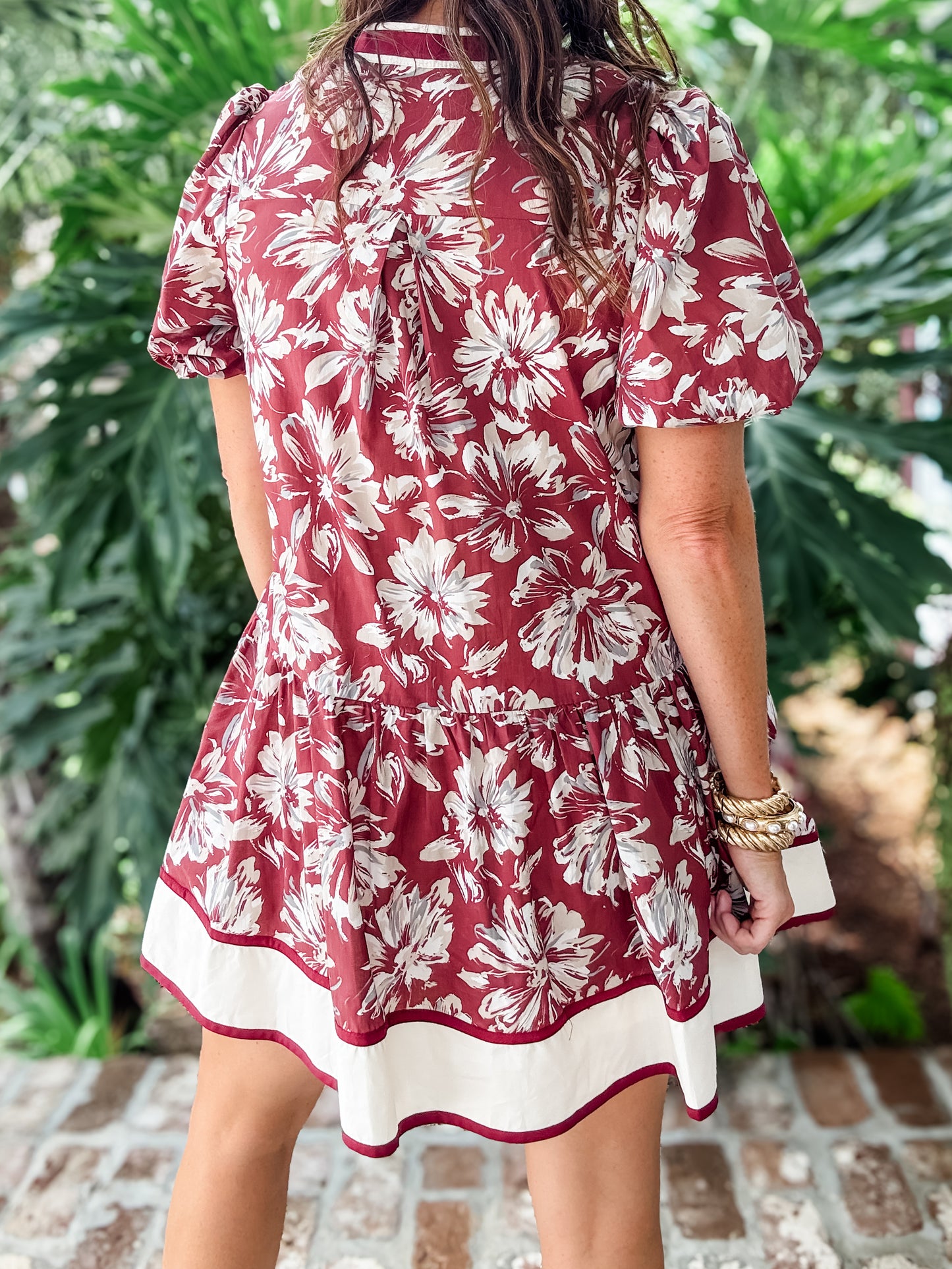 Dutton Garnet Floral Print Bubble Sleeve Dress