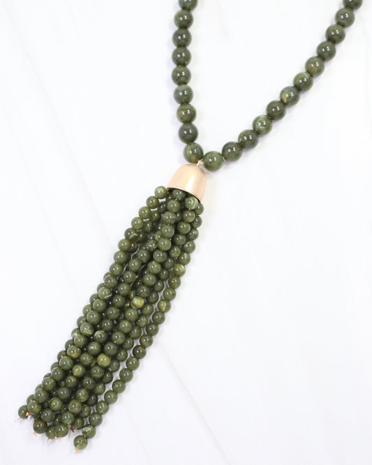 Mila Beaded Tassel Necklace Olive