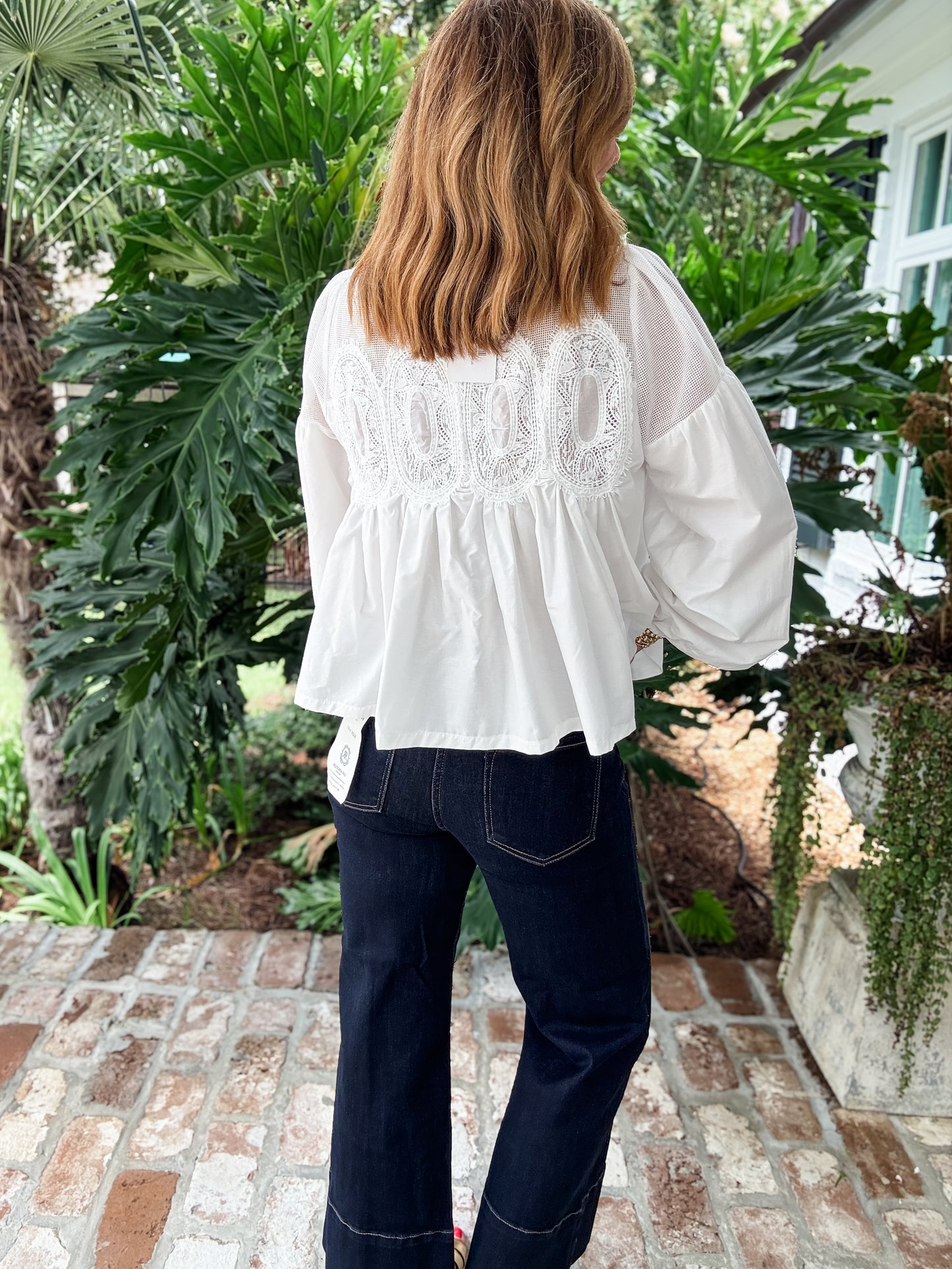 White Lace Applique Long Sleeve Top