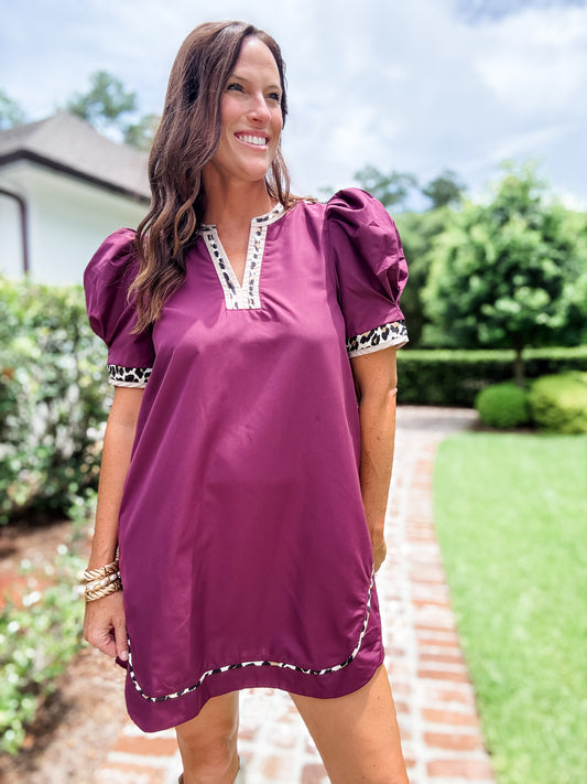 Hampton Leopard Trimmed Dress- Garnet
