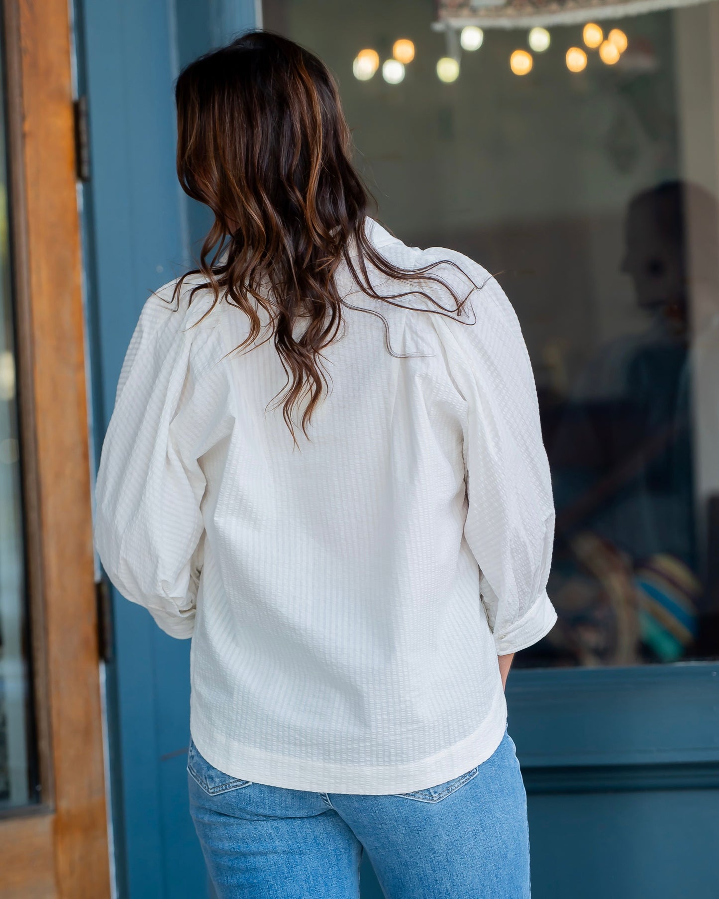 River Textured Button Down Puff Sleeve Top