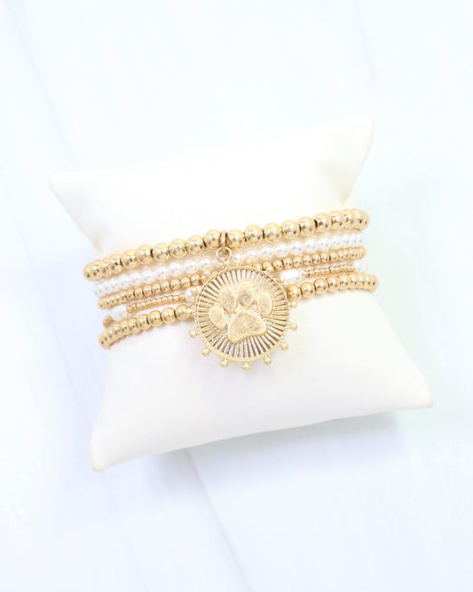 Carmen Coin Beaded Bracelet Set Paw Print Worn Gold
