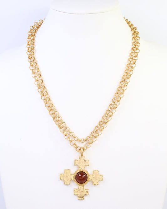 Highgrove Double Chain Cross Pendant Necklace Brown
